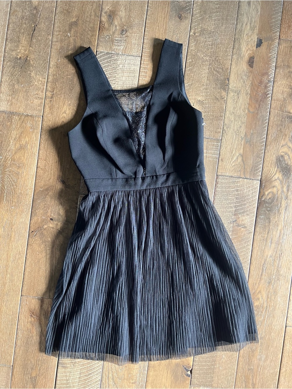 BCBGeneration Black Lace-Trim Pleated Mini Dress